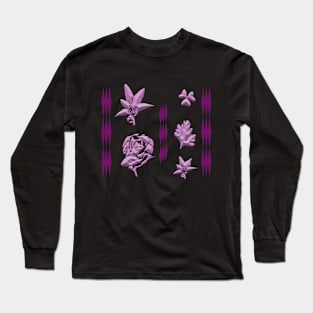 Lilies and roses carved in stone on dark violet background Long Sleeve T-Shirt